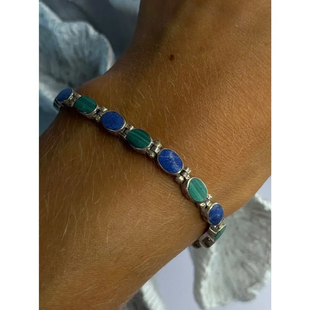 925 Sterling Silver Malachite & Sodalite Bracelet Length 7